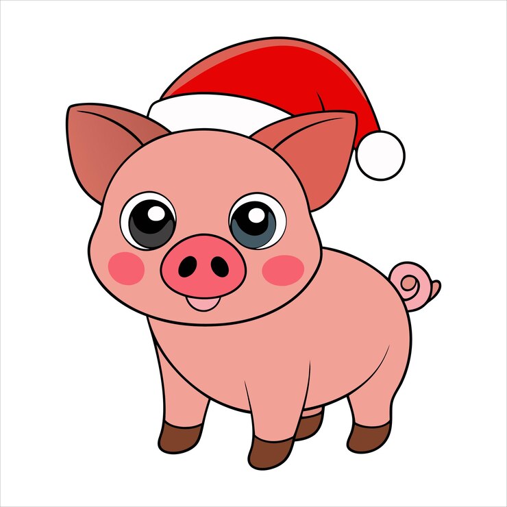 Adorable cerdo de Navidad con ilustración vectorial del sombrero de Papá Noel