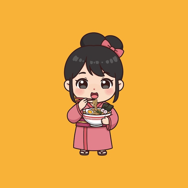La adorable chica del anime disfrutando de los deliciosos fideos Ramen