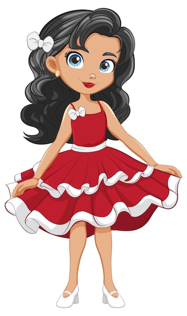 Adorable chica de dibujos animados en un elegante vestido de fiesta de cóctel