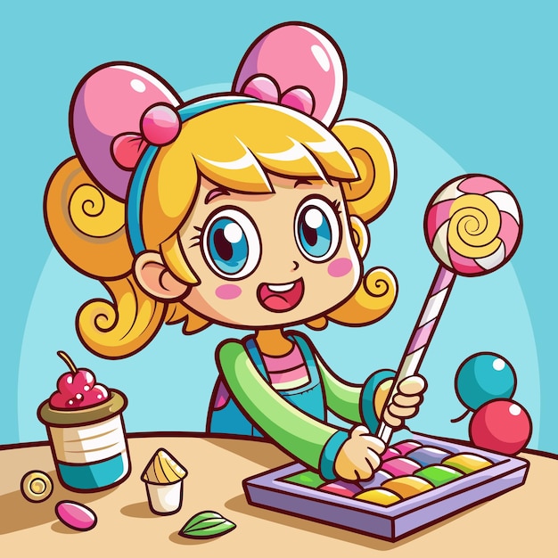 Adorable chica con tema de caramelo con piruletas imagen vectorial de dibujos animados