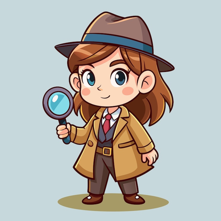Vector la adorable chica con traje de detective sosteniendo una lupa de vector de dibujos animados