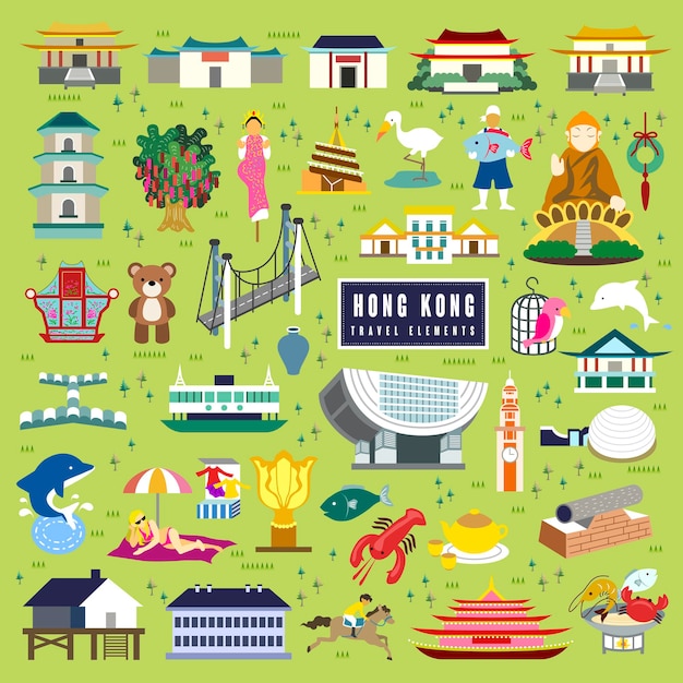 Adorable colección de elementos de viaje de Hong Kong en diseño plano