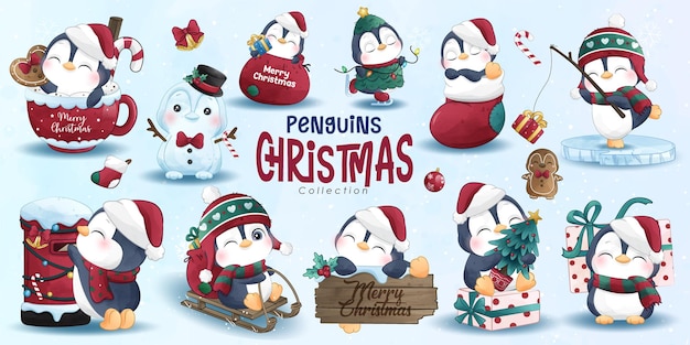 Adorable colección navideña de pingüinos con ilustración en acuarela.