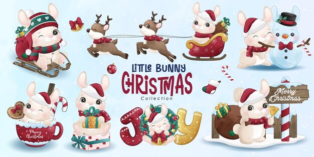 Adorable conejito Feliz Navidad con ilustración de acuarela