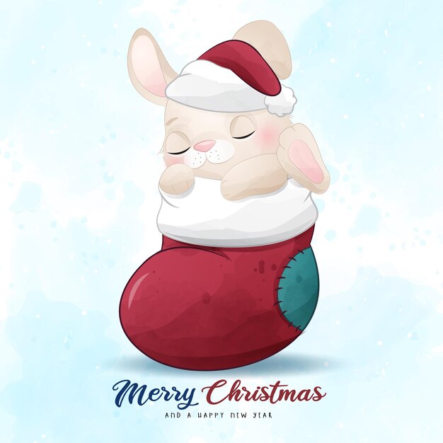 Vector adorable conejito feliz navidad con ilustración de acuarela