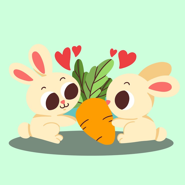 Vector adorable conejito pareja compartiendo zanahoria doodle vector ilustración