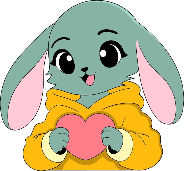 Adorable conejo con corazón rosa con capucha amarilla para el Día de San Valentín