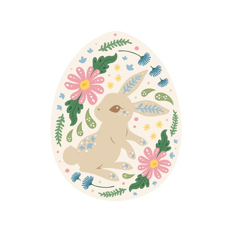 Vector adorable conejo de pascua y ilustraciones de huevos en un hermoso estilo de dibujo a mano art nouveau