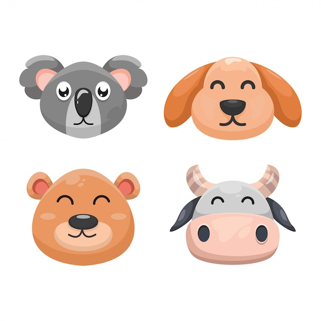 Vector adorable conjunto de dibujos animados de animales cabeza