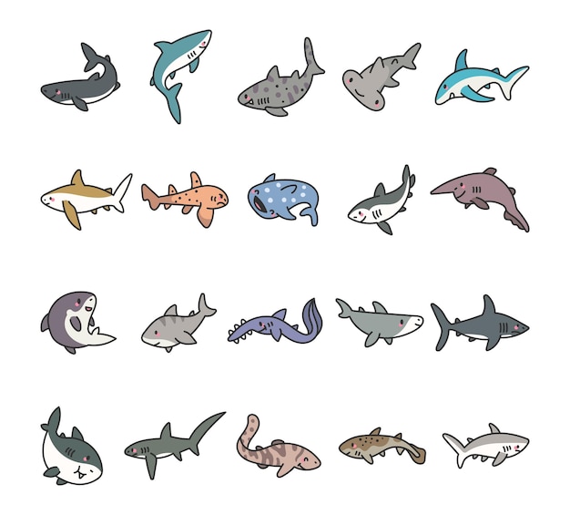 Adorable conjunto de varias especies de tiburones
