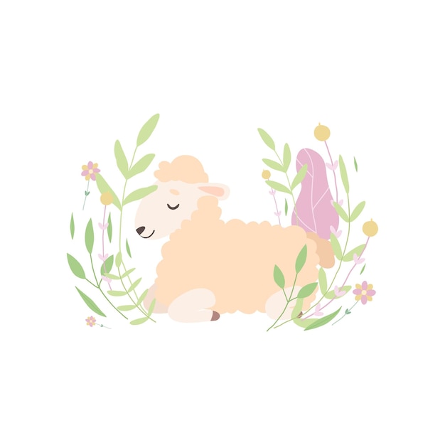 Vector adorable corderito acostado y durmiendo en un hermoso prado de primavera ovejas lindas ilustración vectorial de animales con fondo blanco