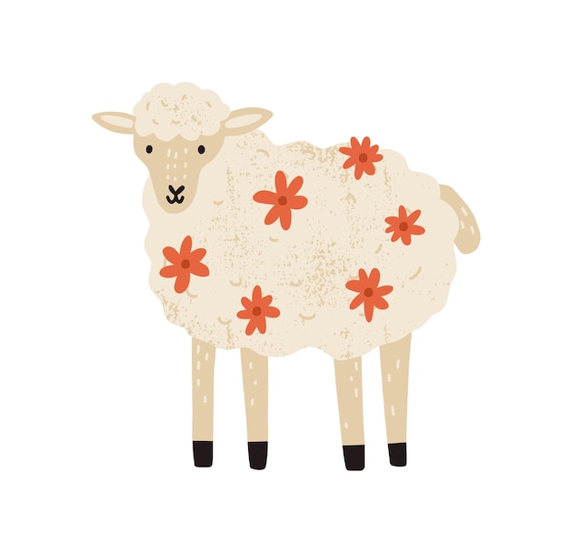 Adorable corderito beis decorado con flores. Linda oveja esponjosa aislada sobre fondo blanco. Animal doméstico de granja lanudo. Ilustración de vector de textura plana dibujada a mano.