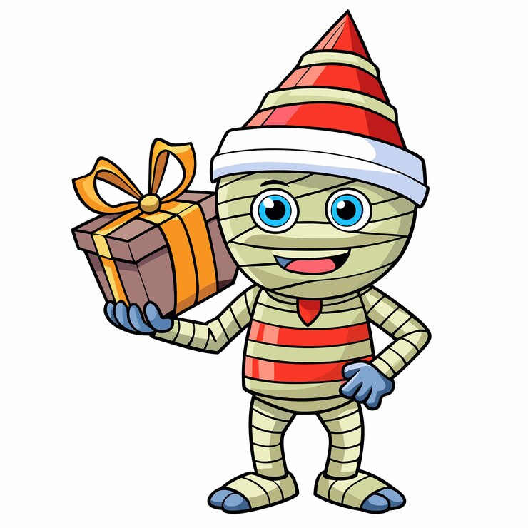Vector adorable dibujos animados de momias con caja de regalos en la fiesta de cumpleaños