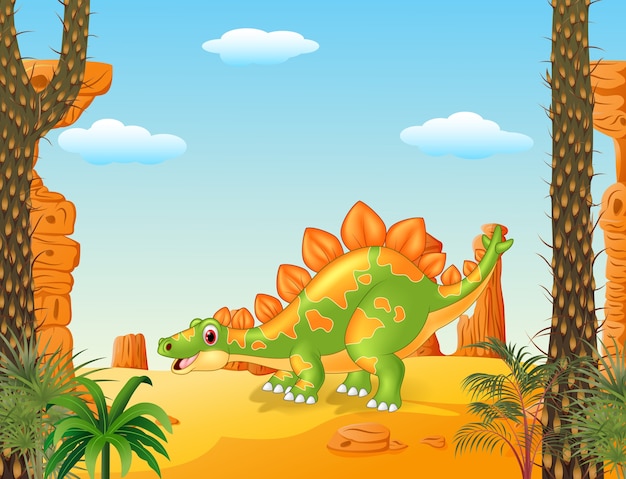 Vector adorable dinosaurio lindo con fondo prehistórico