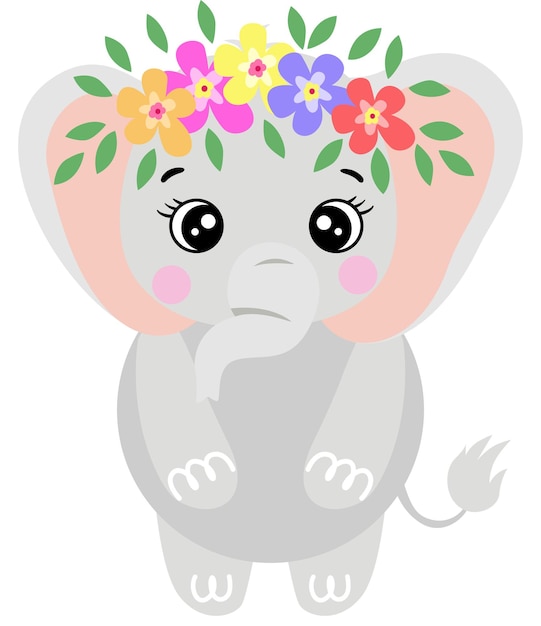 Vector adorable elefante con una corona floral en la cabeza