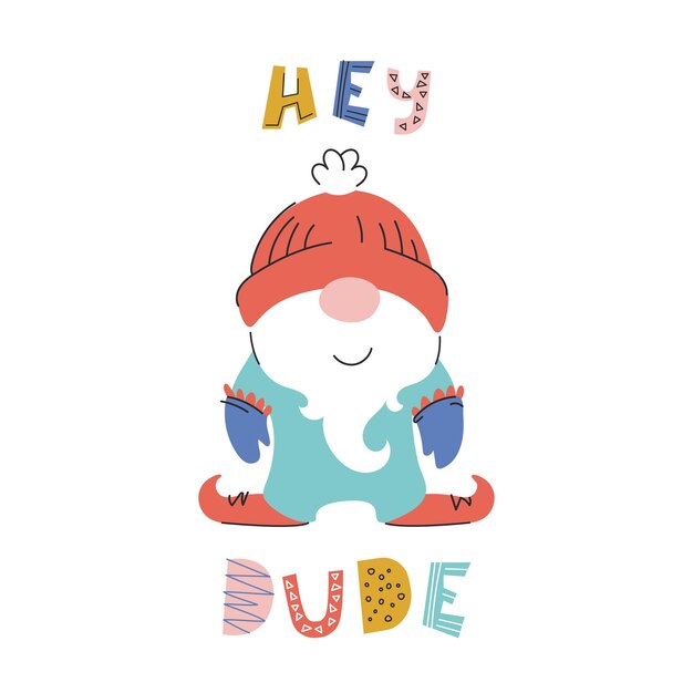 Adorable enano de dibujos animados y frase dibujada a mano hey dude