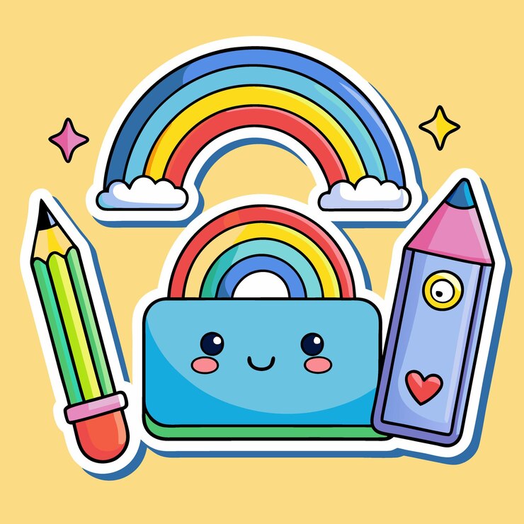 Vector adorable estuche de lápices de dibujos animados un arco iris de sonrisas
