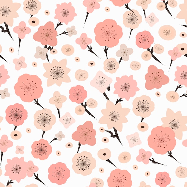 Adorable flor de ciruelo de patrones sin fisuras sobre blanco