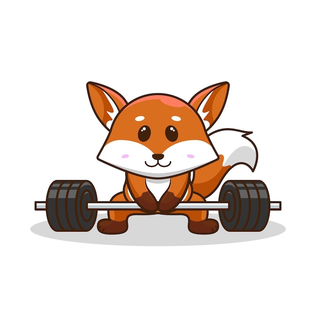 Adorable Fox levantamiento Barbell vector ilustración Gimnasio Entrenamiento mascota linda pegatina estilo de dibujos animados