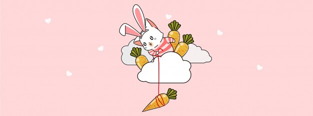 Adorable gato conejito está pescando zanahoria en la nube en primavera