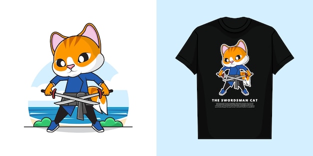 Vector adorable gato espadachín con camiseta