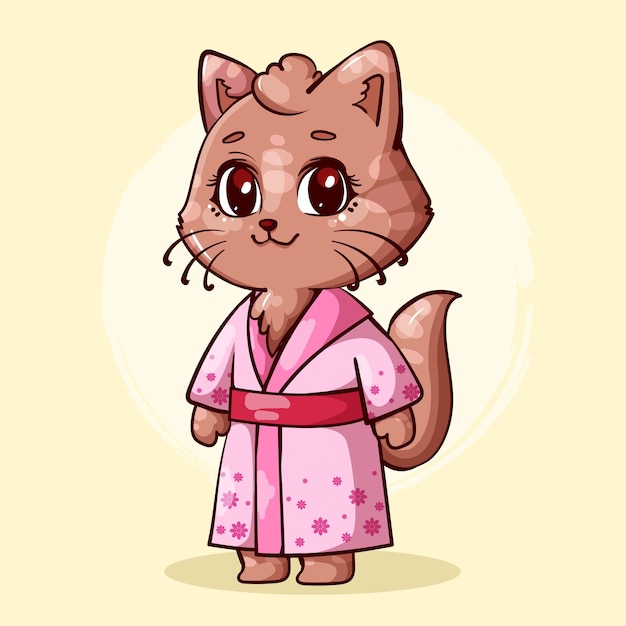 Vector adorable gato con kimono kawaii personaje de dibujos animados de animales