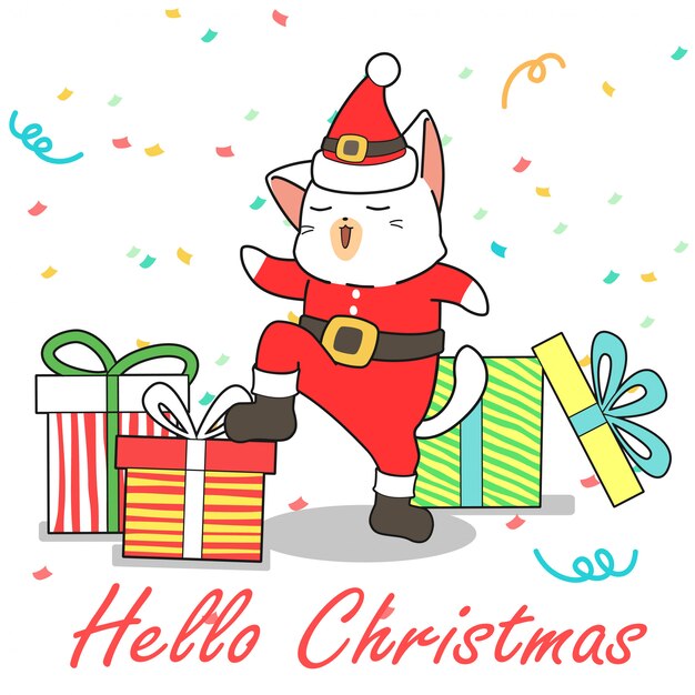Adorable gato de Santa y regalos en estilo de dibujos animados