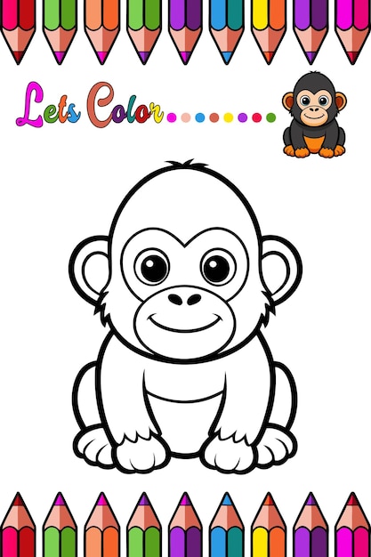 Adorable Gorila Página para colorear para niños Divertida e imprimible dibujos animados Contorno de animales para arte creativo
