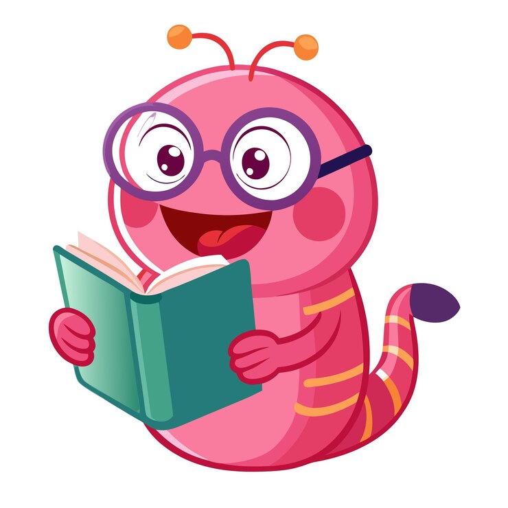 Vector adorable gusano de libro personaje de dibujos animados con gafas leyendo un libro para ilustraciones educativas