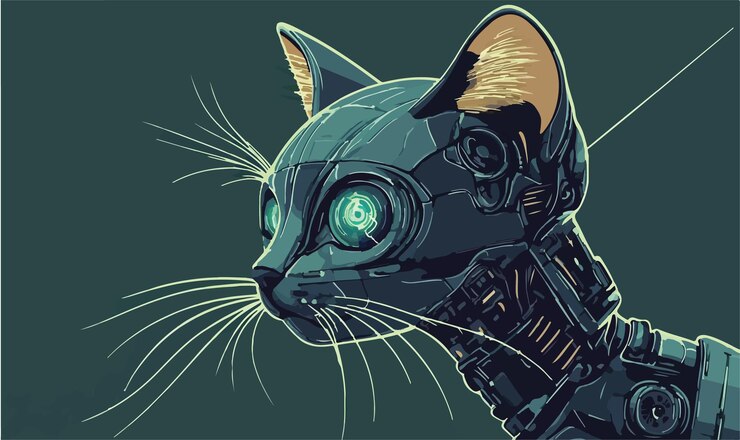 Vector adorable icono de gato robótico con características mecánicas