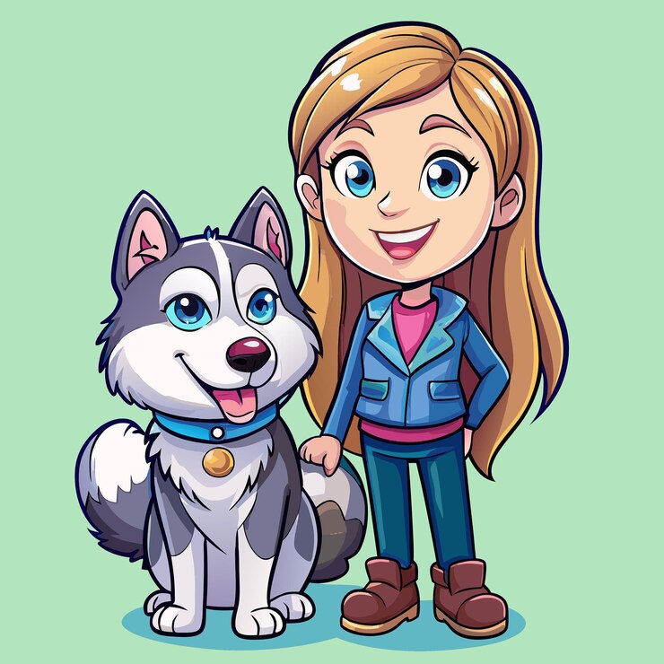 Vector adorable ilustración de dibujos animados de una niña y su juguetón husky