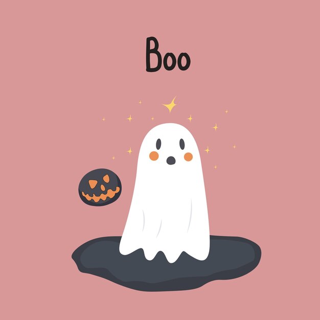Adorable ilustración de fantasma blanco sobre un fondo rosado con texto Boo y cara de linterna brillante ideal para temas de Halloween