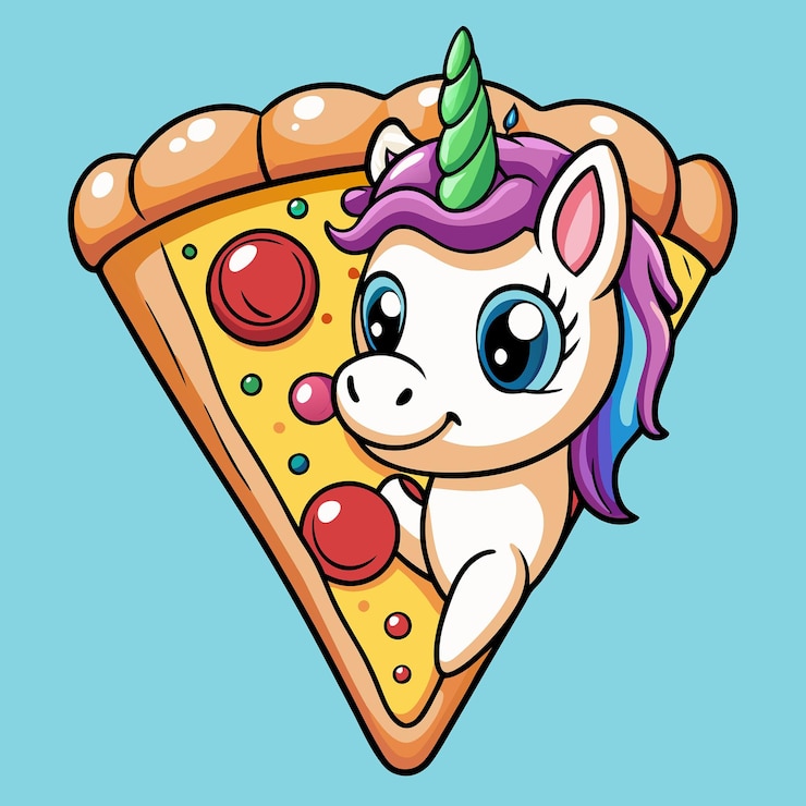 Vector adorable ilustración vectorial de dibujos animados de una pizza en forma de unicornio