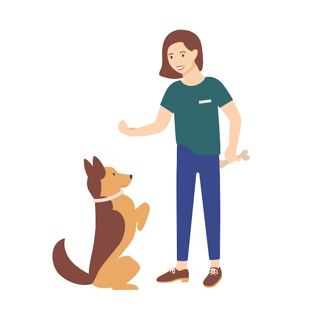Adorable joven vestida con ropa casual sosteniendo golosinas y entrenando a su perro para obedecer órdenes. Linda chica enseñando a su mascota o animal doméstico. Ilustración de vector colorido en estilo de dibujos animados plana.