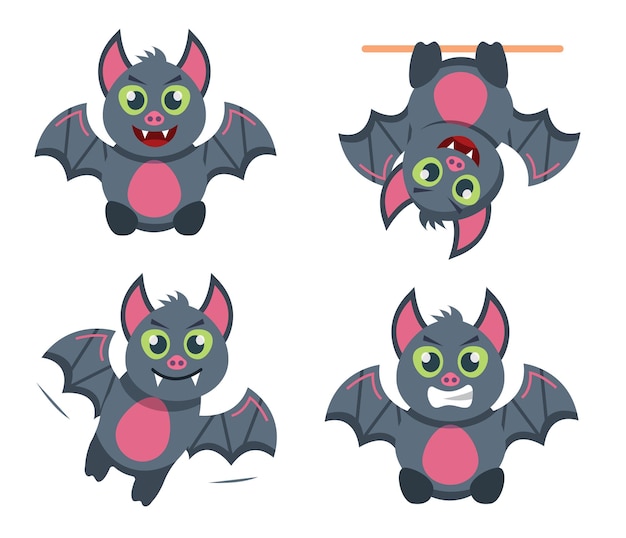 adorable juego de murciélagos decoraciones de fiesta de halloween bebé de dibujos animados gracioso infantil volando halloween aterrador murciélago vector plano personaje animal de dibuios animados