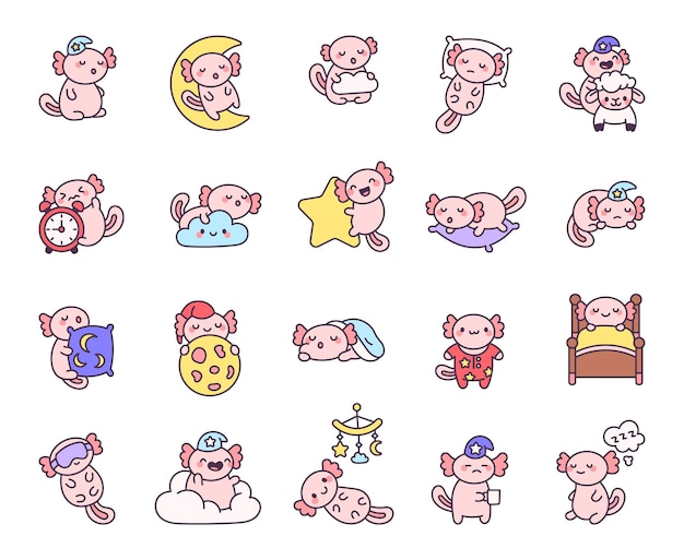 Adorable juego de sueño nocturno de axolotl