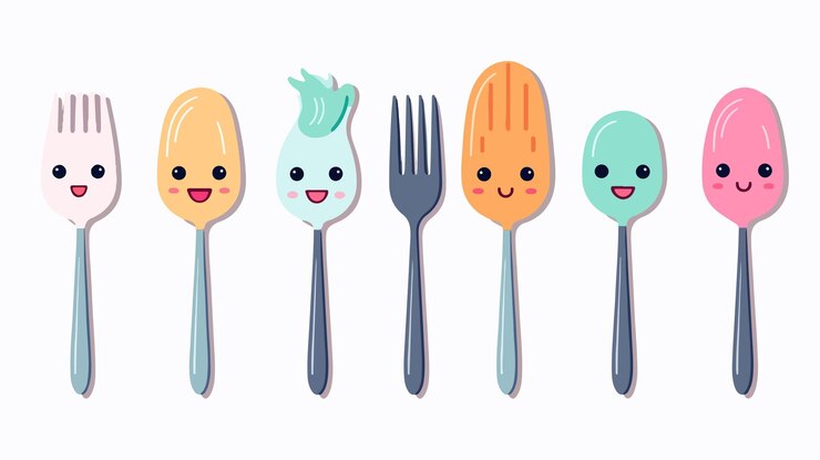Vector adorable kawaii cuchillo cuchillo y tenedor juego de personajes