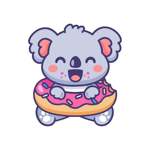 El adorable koala se está comiendo una rosquilla rosa.