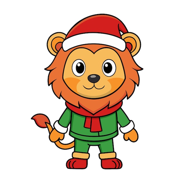 Adorable león vestido con sombrero de Papá Noel y disfraz de elfo perfecto para proyectos navideños