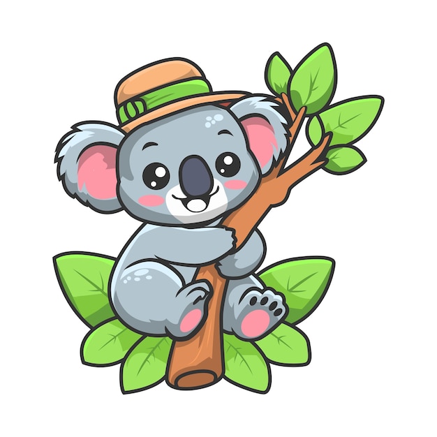 Adorable y lindo dibujo animado Koala Bear en la rama del árbol con ilustración vectorial de sombrero