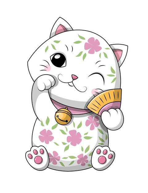 Vector adorable lindo femenino pequeño gatito japonés de la suerte o gato con diseño floral rosado sosteniendo un abanico y.