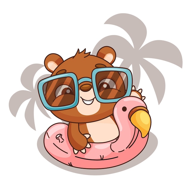 Un adorable y lindo oso con elegantes gafas de sol flota felizmente en una vibrante flota de flamencos