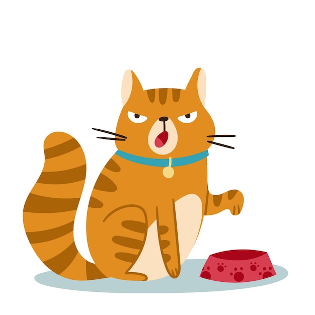Un adorable y lindo personaje animado de gato que interactúa con satisfacción con su cuenco de comida