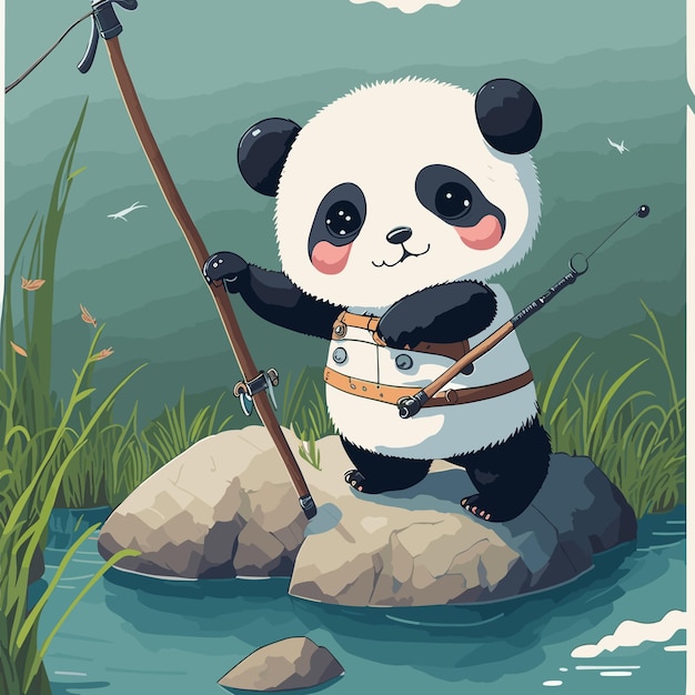 Un adorable y lindo personaje de oso panda al estilo japonés está pescando