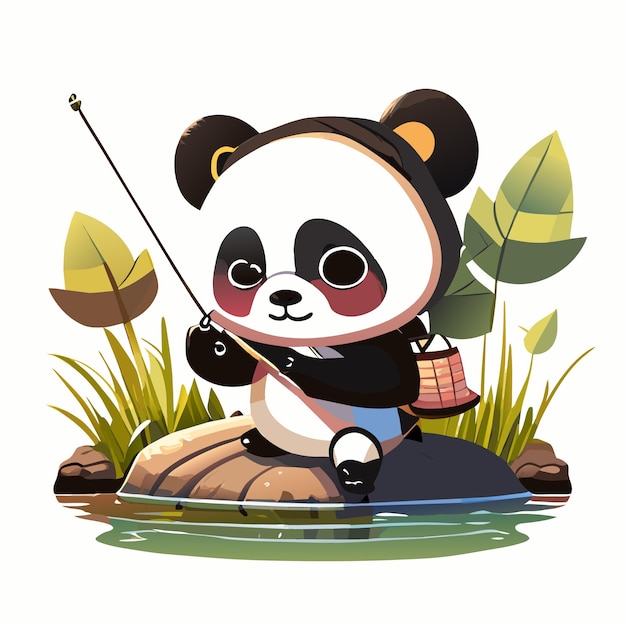 Un adorable y lindo personaje de oso panda de estilo japonés está pescando parado en la orilla del río