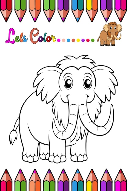 Adorable Mamut Página para colorear para niños Divertida e imprimible dibujos animados Contorno de animales prehistóricos