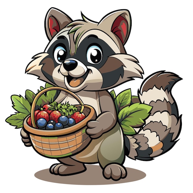 Adorable mapaches con canasta de bayas diseño de dibujos animados