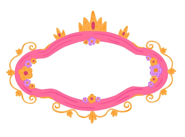 Vector adorable marco para princesa con corona y flores en color rosa