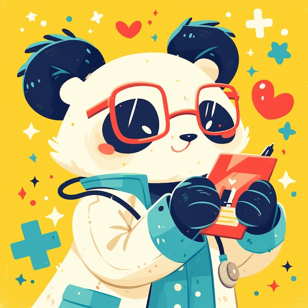 Un adorable médico panda al estilo de las caricaturas.