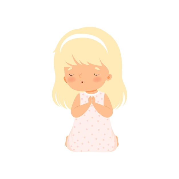 Adorable niña arrodillada en oración Ilustración vectorial de dibujos animados sobre fondo blanco